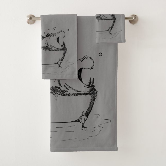 Hippo in the Bath Fun Illustration Grey Black Bath Towel Set (Insitu)