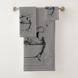 Hippo in the Bath Fun Illustration Grey Black Towel Set