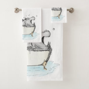 Hippo in the Bath Fun Illustration Watercolor Towel Set