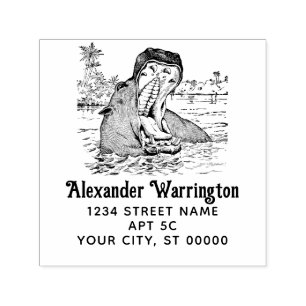 Hippo in Water Jaws Wide Open Name Return Address Self-inking Stamp