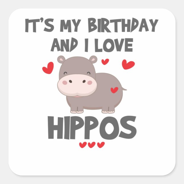 Hippo Lover It's My Birthday and I Love Hippos Square Sticker (Front)