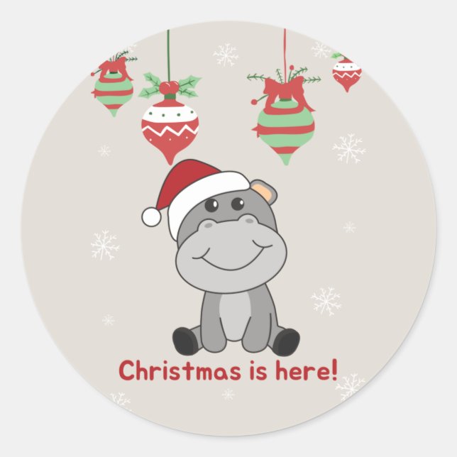 Hippo Merry Christmas Winter Animals Hippos Classi Classic Round Sticker (Front)