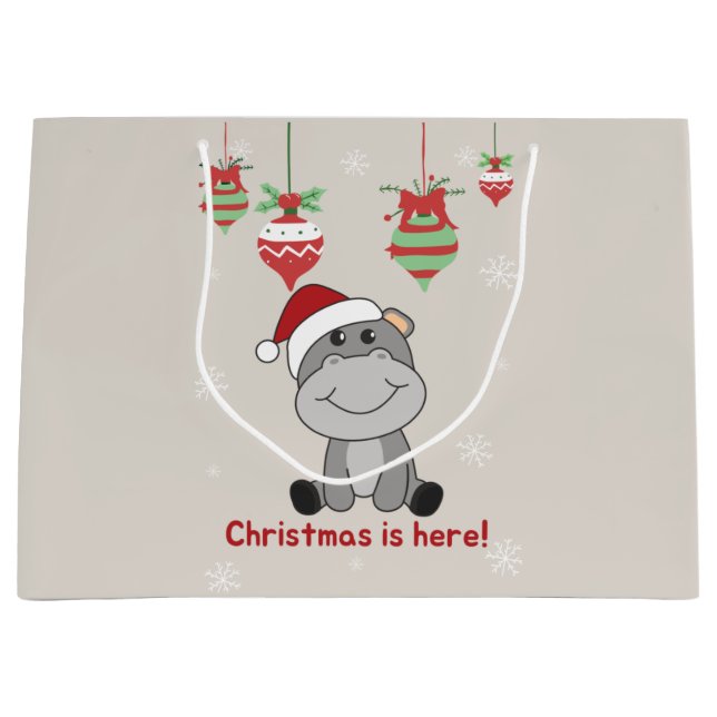 Hippo Merry Christmas Winter Animals Hippos Large  Gift Bag (Front)