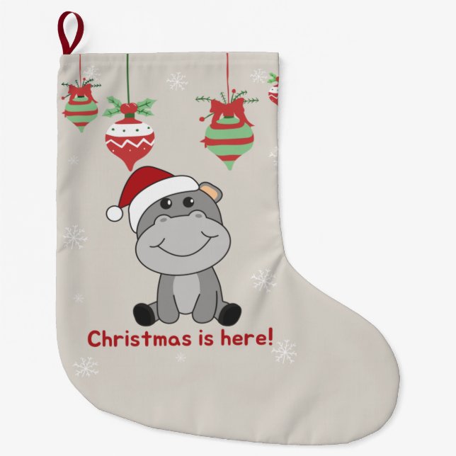 Hippo Merry Christmas Winter Animals Hippos Large  Large Christmas Stocking (Front)