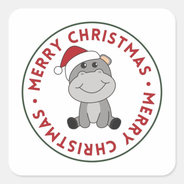 Hippo Merry Christmas Winter Animals Hippos Square Sticker (Front)