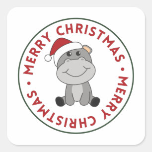 Hippo Merry Christmas Winter Animals Hippos Square Sticker