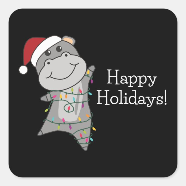Hippo Merry Christmas Winter Animals Hippos Square Sticker (Front)