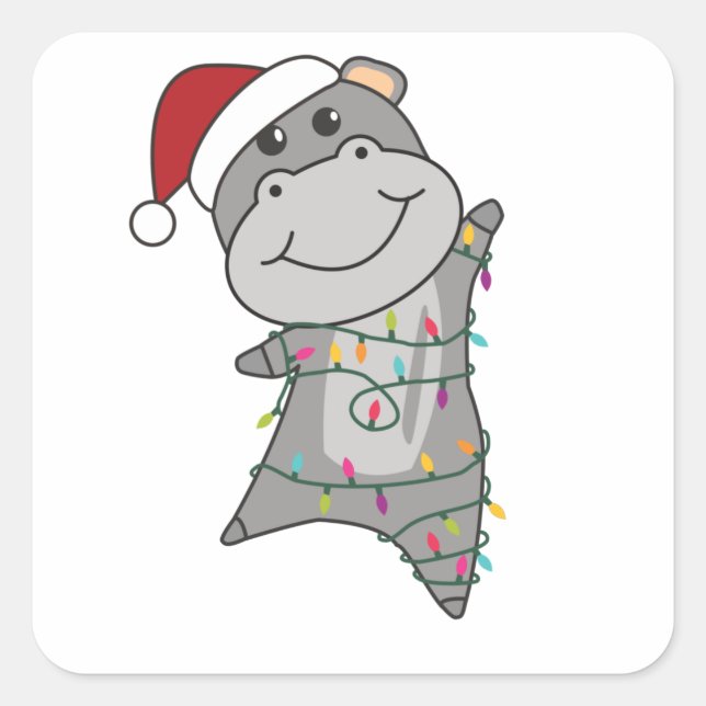 Hippo Merry Christmas Winter Animals Hippos Square Sticker (Front)