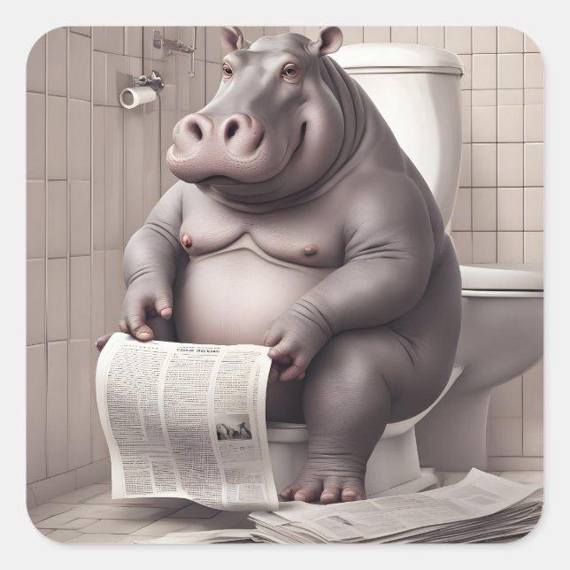 Hippo on the Toilet Reading Newspapers Square Sticker (Front)