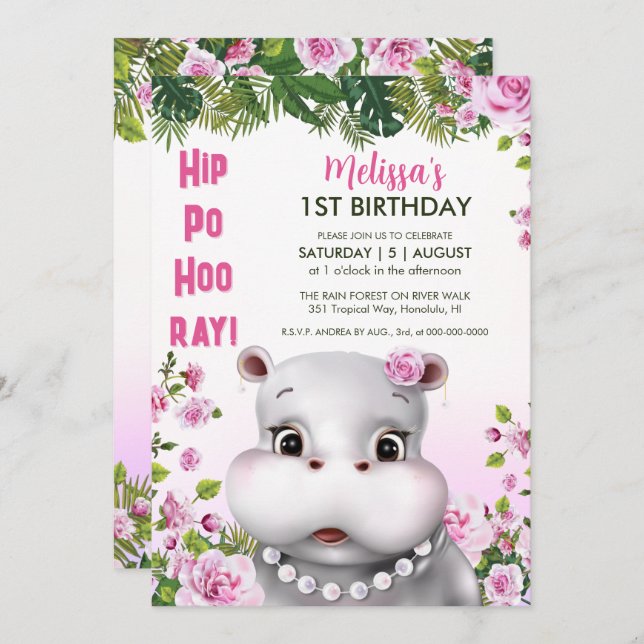 Hippo Pearls Pink Floral Girl Birthday Invitation (Front/Back)