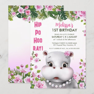 Hippo Pearls Pink Floral Girl Birthday Invitation