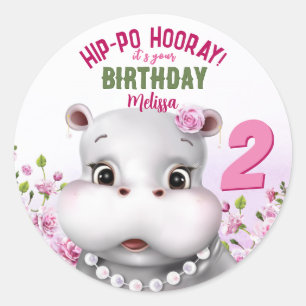 Hippo Pink Floral Girl Birthday Classic Round Sticker