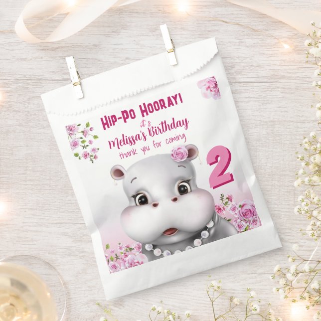 Hippo Pink Floral Girl Birthday Favour Bag (Clipped)