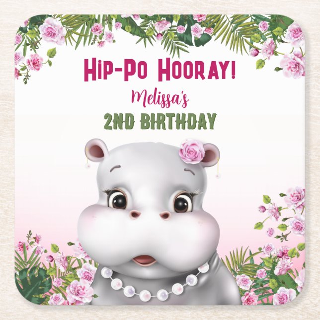 Hippo Pink Floral Girl Birthday Square Paper Coaster (Front)