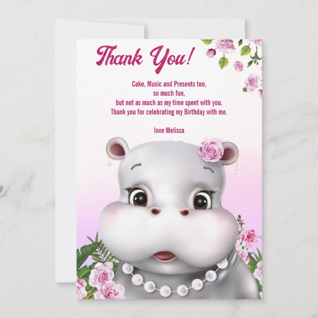 Hippo Pink Floral Thank You Card (Front)