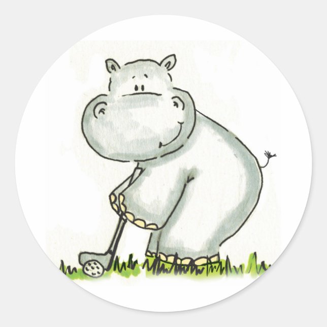 Hippo plays Golf Classic Round Sticker (Front)
