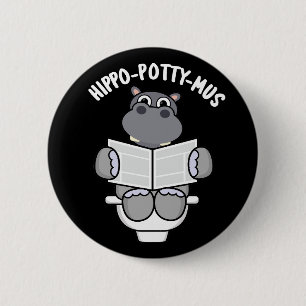 Hippo-potty-mus Funny Animal Hippo Pun Dark BG 6 Cm Round Badge