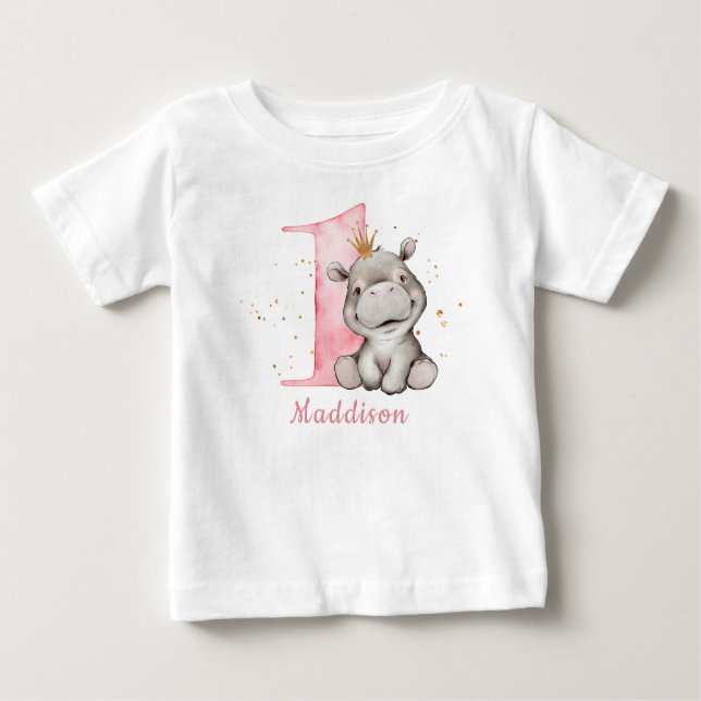 Hippo Princess Baby Girl 1st Birthday Baby T-Shirt (Front)