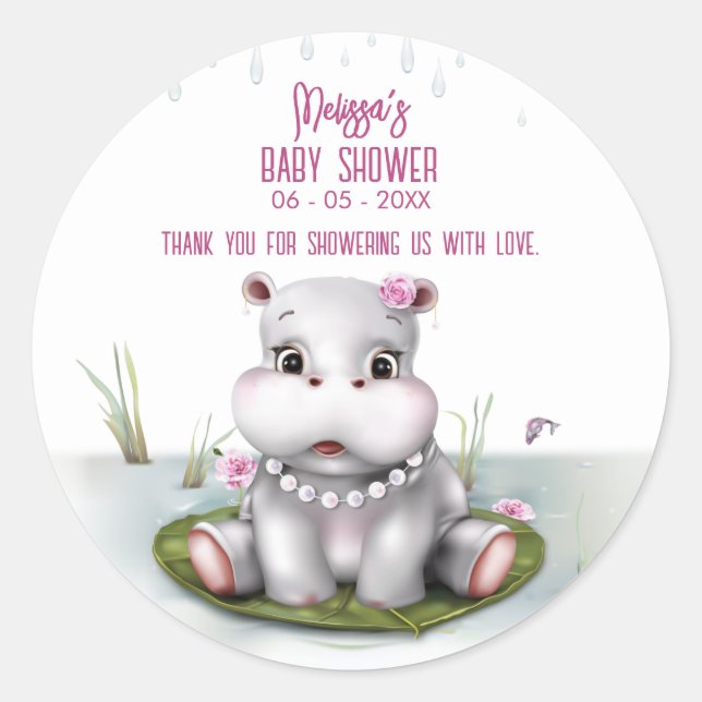 Hippo River Adventure Girl Baby Shower Classic Round Sticker (Front)
