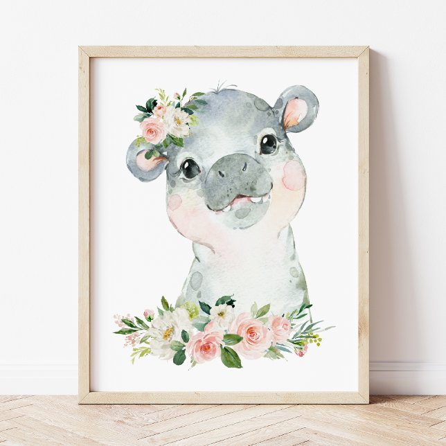 Hippo, Safari, Jungle, Pink Flowers, Girl Nursery Poster (Creator Uploaded)