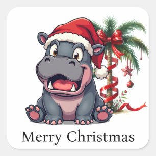 Hippo Santa Holiday Cheer Button Square Sticker