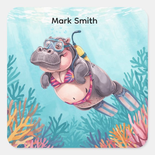 Hippo Scuba diver underwater  Square Sticker (Front)