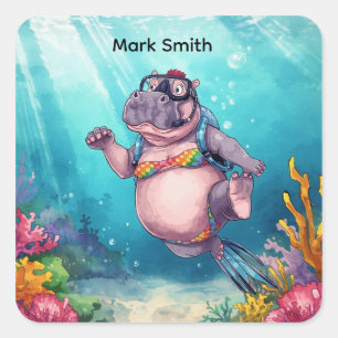 Hippo Scuba diver underwater  Square Sticker