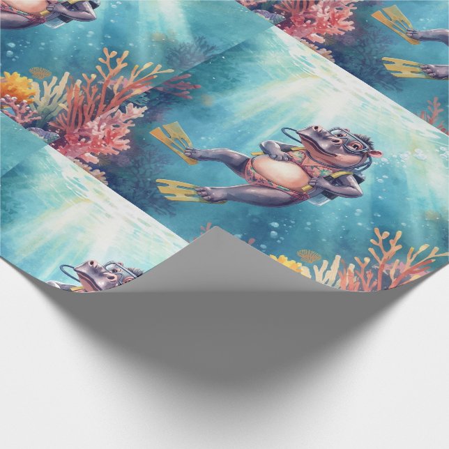 Hippo Scuba diver underwater  Wrapping Paper (Corner)