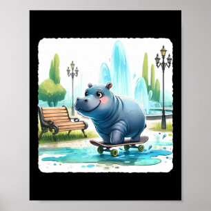 Hippo Skateboarding In City Park. Skateboard Skate Poster