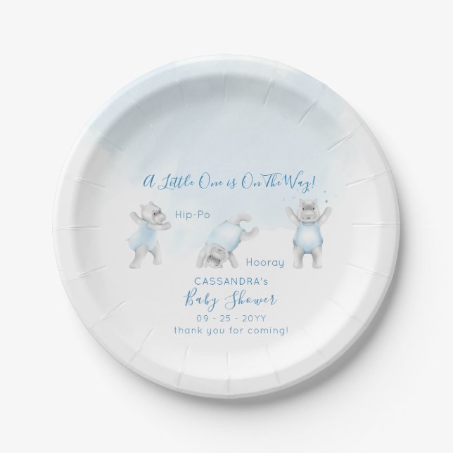 Hippo Somersault Baby Boy Shower Paper Plate (Front)