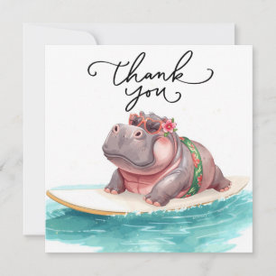 Hippo Surfer on Surf Board floating in the sea Thank You Card
