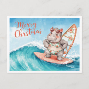 Hippo Surfer on Surf Board on Christmas Holiday Postcard