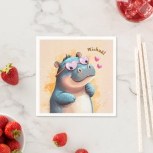 Hippo Valentine's Day Heart Badge Kids School Napkin