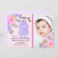 Hippo Watercolor Birthday Girly Floral