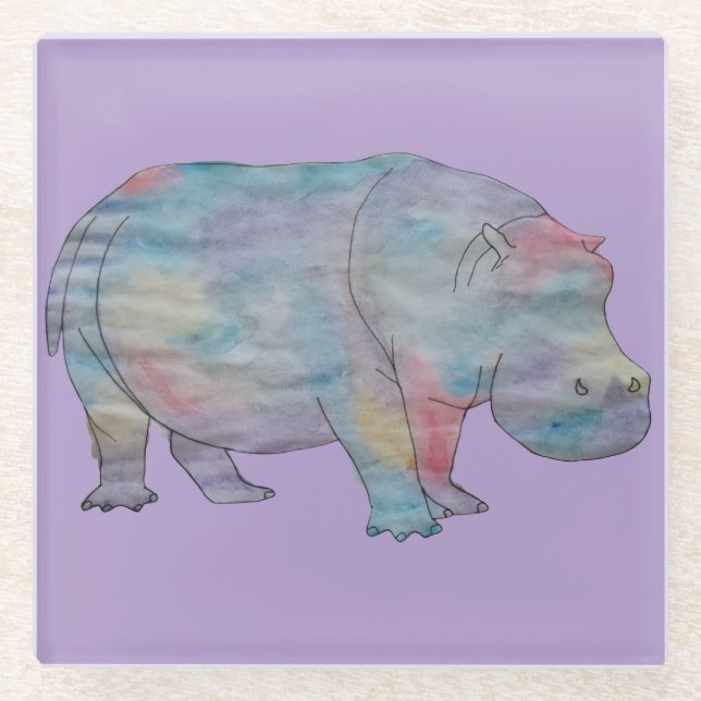 Hippo watercolour glass coaster (Front)