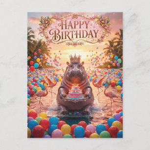 Hippo Wearing a Crown and Holding a Birthday Cake  Postcard
