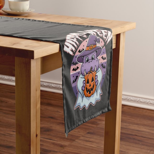 Hippo-ween Spooky Halloween Moo Deng Hippo Ghost Short Table Runner (In Situ)