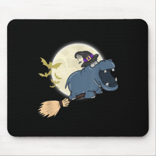 Hippo Witch Hat Riding Broom Stick Zoo Animal Love Mouse Pad