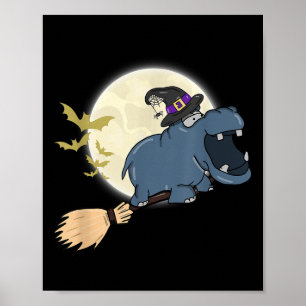 Hippo Witch Hat Riding Broom Stick Zoo Animal Love Poster