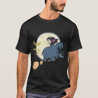 Hippo Witch Hat Riding Broom Stick Zoo Animal Love T-Shirt