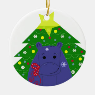 Hippo with a Christmas Tree Ceramic Ornament
