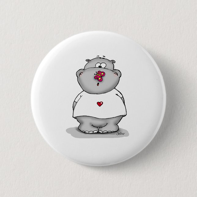 Hippo with Butterfly on his Nose 6 Cm Round Badge (Front)