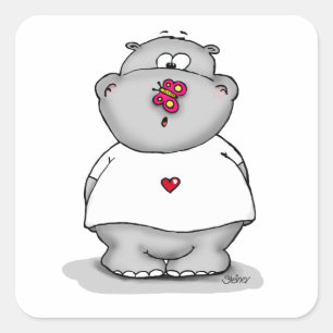 Hippo with Butterfly on his Nose Square Sticker