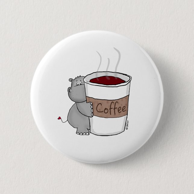 Hippo with Coffee 6 Cm Round Badge (Front)