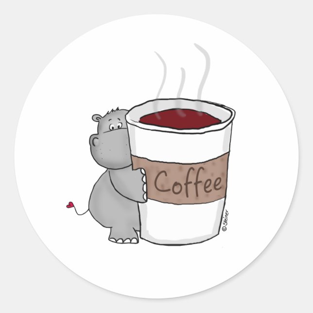Hippo with Coffee Classic Round Sticker (Front)