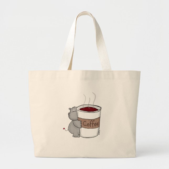 Hippo with Coffee Large Tote Bag (Front)