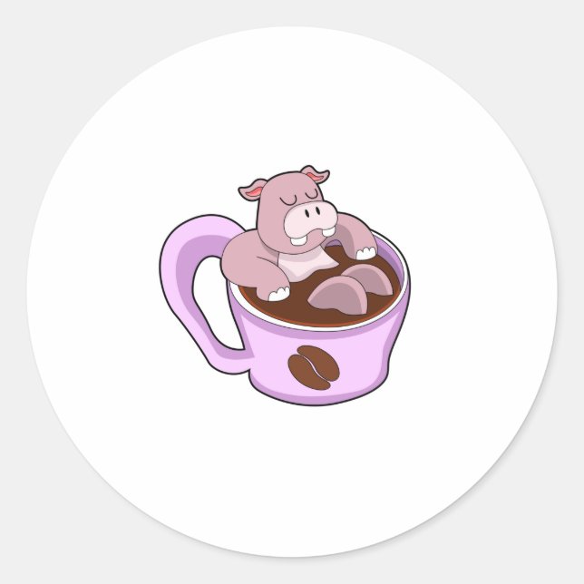 Hippo with Cup of Coffee Classic Round Sticker (Front)