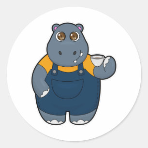 Hippo with Cup of Coffee Classic Round Sticker