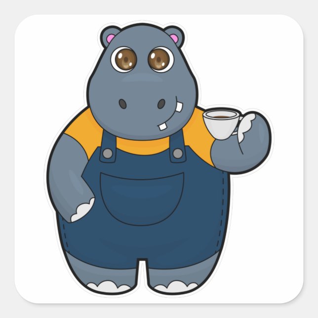 Hippo with Cup of Coffee Square Sticker (Front)