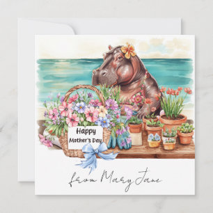 Hippo with Mother's Day Flower Basket at Beach Hol Holiday Card